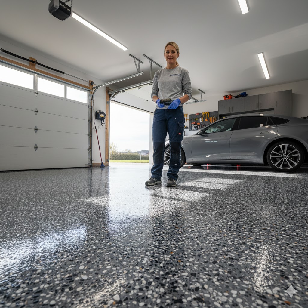 Man installing concrete coatings flooring